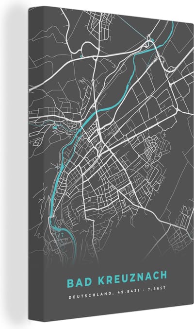 Canvas Schilderij Bad Kreuznach – Stadskaart – Blauw – Plattegrond – Stadskaart – Kaart - Duitsland - 20x30 cm - Wanddecoratie