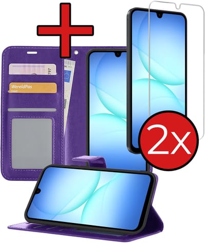 Hoesje - Met 2x Screenprotector - Geschikt voor Samsung Galaxy A17 - Luxe Pasjeshouder - Flip Case - Bookcase Portemonee - Kunstleer Book Case - Flipcase Hoes - Book Cover - Walletcase - Portemonneehoes - Telefoonhoes - Paars