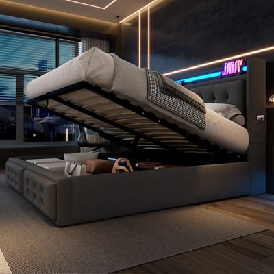 DESMIU Gestoffeerd Bed 160x200 Cm Met Hoofdbord Met Oplaadfunctie En Ledverlichting Opbergruimte Onder Bed Voor Slaapkamer In Katoenmix Grijs Zonder Matras