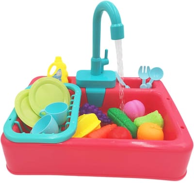 Keukenset voor kinderen - Speelgoedkeuken met stromend water - Educatief cadeau - Simulatie afwasmachine met kraan en afvoer (roze)