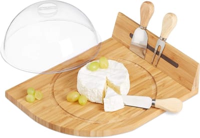 Famanu - Bamboe kaasplank met 3-delig bestek en magneetstrip, stijlvolle serveerplank met ronde uitsparing – Natuur