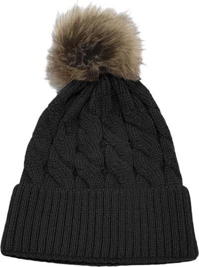 Zwarte muts met pompon - zwart - zwarte damesmuts met fleece en breisel - gebreide wintermuts - STUDIO Ivana