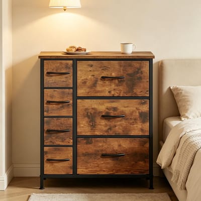 MODFU - Ladekast Met 7 Stoffen Laden - Retro - Voor Woonkamer Of Slaapkamer - Hout, Metaal En Stof - Rustiek Bruin