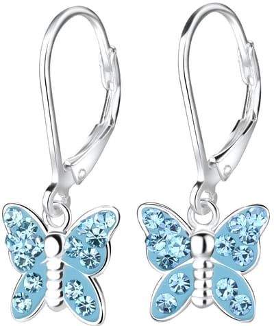 Joy|S - Zilveren vlinder bedel oorbellen - blauw kristal - leverback sluiting