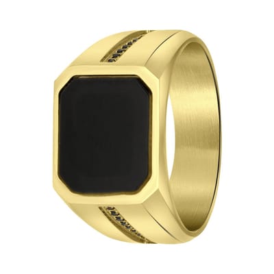 Lucardi Heren Goldplated zegelring zwart - Ring - Vaderdag Cadeautje - Staal - Goudkleurig