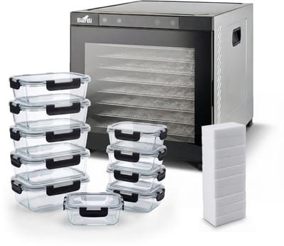 BARDI Professionele 10 Laags Voedseldroger - Dehydrator - Droogoven RVS - 24-Uurs Timer - Led-bedieningspaneel - 1000 Watt Met 10 delige glazen meal prep bakjes en 10 wondersponzen