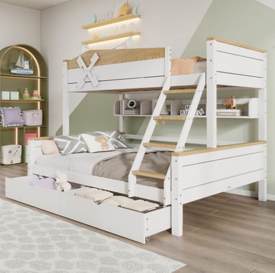 COVREO Stapelbed met windmolen en 2 lades – Kinderbed met ladder en opbergrekken – Bed voor kinderkamer en 2 slaapplaatsen – 205x145x155 cm – Wit naturel - zonder matras