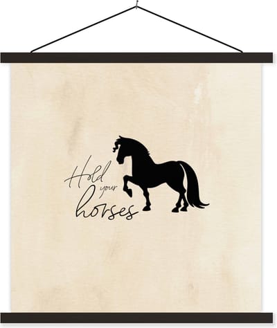 Posterhanger incl. Poster 60x60 cm - Schoolplaat - Paarden - Quotes - Spreuken - Hold your horses - Textielposter - Zwarte latten