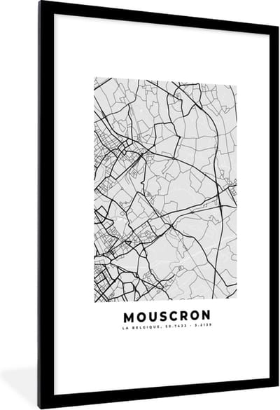 Fotolijst incl. Poster Zwart Wit- Stadskaart – Zwart Wit - Kaart – Mouscron – België – Plattegrond - 80x120 cm - Posterlijst