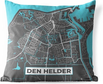 Buitenkussen - Plattegrond - Den Helder - Grijs - Blauw - 45x45 cm - Weerbestendig - Stadskaart