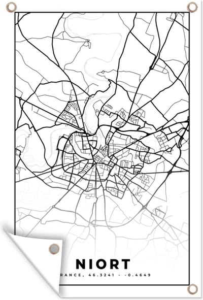 Muurdecoratie Niort - Stadskaart - Plattegrond - Kaart - Frankrijk - Zwart wit - 120x180 cm - Tuinposter - Tuindoek