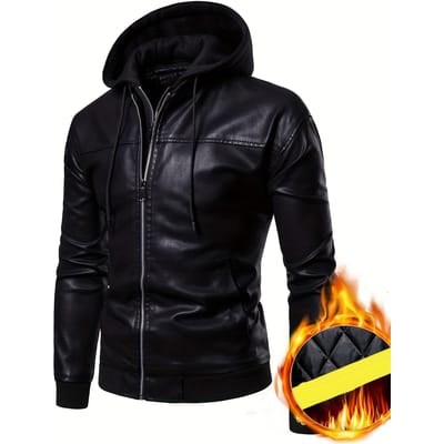 Veste de motard à capuche en PU - Veste décontractée en similicuir à col montant et fermeture éclair de couleur unie pour homme - pour le printemps et l'automne - Cadeau parfait pour les hommes à la mode XXXL black