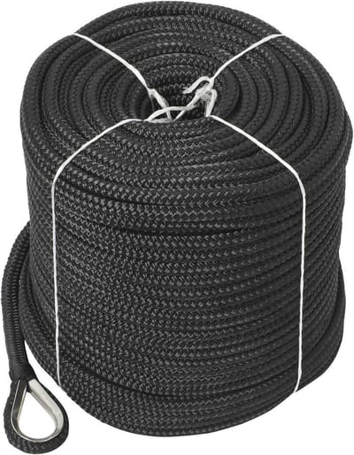 3/8" x 200' Dubbele Vlecht Nylon Ankerlijn met Roestvrij Stalen Vingerhoedje - Zwart