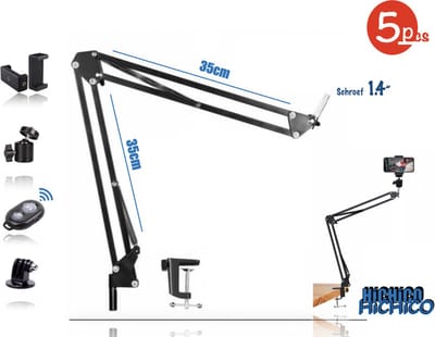 5Stuks Flexibele Telefoonhouder met Klem| Telefoonhouder | Microfoon Arm | flexibel Arm | Felexibel telefoonhouder Arm | Telefoonhouder Standaard | Boom Arm | webcam | Microfoon | Aluminium Verstelbare Arm HiCHiCO® Incl. Bluetooth Afstandsbediening