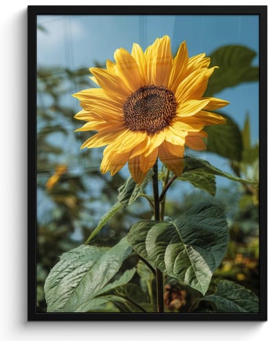 Poster in lijst - Fotolijst 50x70 cm - Posters - Zonnebloemen - Helderblauwer lucht - Gras - Posterlijst zwart - Decoratie - Wanddecoratie woonkamer - Muurdecoratie slaapkamer