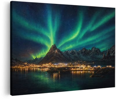 Artaza Canvas Schilderij Noorderlicht Boven Bergen - Noorse Nacht - 60x40 cm - Wanddecoratie Woonkamer - Schilderijen - Muurdecoratie