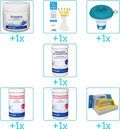 Zwembad Onderhoudspakket - Onderhoud Zwembad - bevat Chloor - Testrips - Chloordrijver - Chloor - PH-min - PH-plus en Scrubborstel (7-delig)