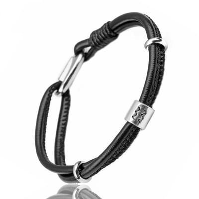Waterman / Aquarius - Leren Armband met Sterrenbeeld Hanger - Zwart Leer - Staal - Astrologie - Armbanden - Papa Cadeau Voor Mannen - Vaderdag