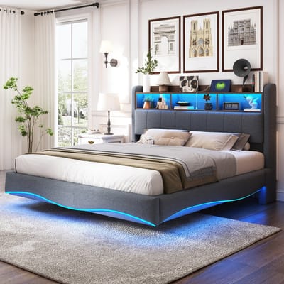 Sweiko Gestoffeerd bed - 160*200cm - LED-verlichting - Laderpoort - Linnen - Grijs