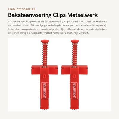 Dailygoods- Baksteenvoering Clips - 2 Stuks - Rood Plastic - Metselwerk Nivellering Gereedschap - 16,4 x 6,4 x 4,5 cm - Veerbelaste Clip