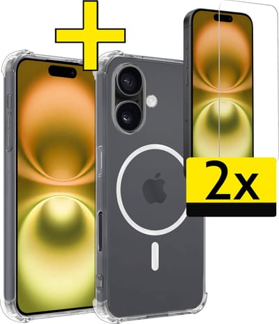 Hoesje - Met 2x Screenprotector - Geschikt voor Apple iPhone 16 - Magsafe Compatible - Sterk & Shockproof - Back Cover - Shock Proof Case - Telefoon Hoes - Telefoonhoesjes - Transparant