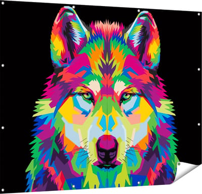 Gards Tuinposter Gekleurde Wolvenkop - Wolf - Abstract - 150x120 cm - Tuindoek - Tuindecoratie - Wanddecoratie buiten - Tuinschilderij