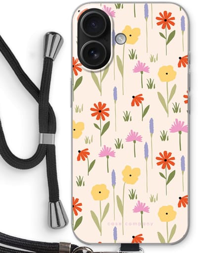 Case Company® - Hoesje met koord geschikt voor iPhone 16 hoesje met Koord - Floral - Telefoonhoesje met Zwart Koord - Bescherming aan alle Kanten en Over de Schermrand