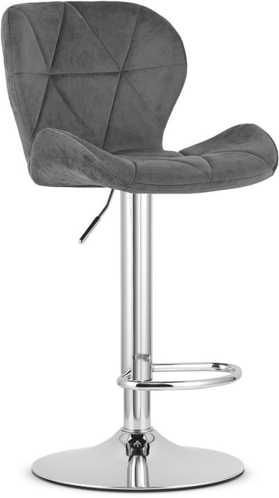 Barkruk WEST – Velvet Grijs, Chromen Basis, Rugleuning, Verstelbare Hoogte, 360° Draaibaar, Comfortabele Voetsteun, Antislip Onderstel, Modern Design, Max. 110 kg