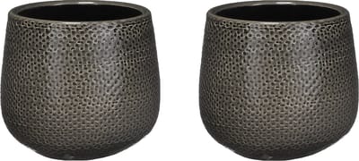Set van 2x stuks keramiek aardewerk bloempotten van 12 x 14 cm in het geribbeld antraciet - Mica Decorations plantenpotten