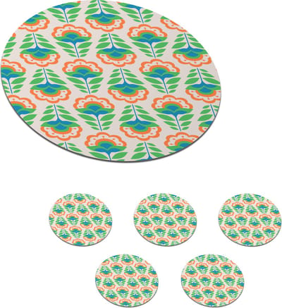 Onderzetters voor glazen - Rond - Retro - Bloemen - Design - Groen - Oranje - 10x10 cm - Glasonderzetters - 6 stuks