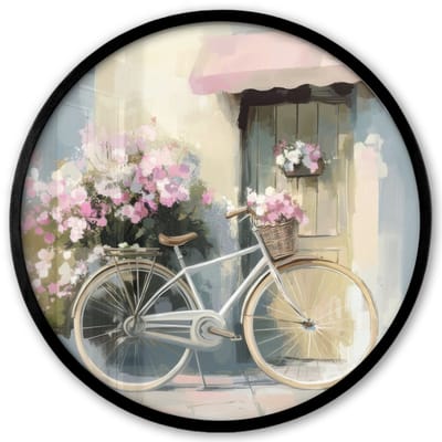 Poster in lijst Rond - Fotolijst 40x40 cm - Posters - Fiets - Pastelkleuren - Bloemen - Ronde posterlijst zwart - Decoratie - Wanddecoratie woonkamer - Muurdecoratie slaapkamer