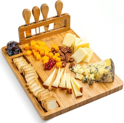 Famanu - Houten kaasplank met 4 messen, ideaal cadeau voor feest of jubileum – Blauw