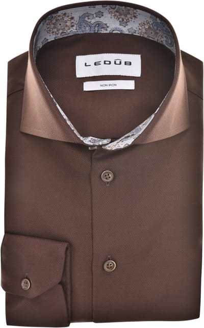 Ledub modern fit overhemd - popeline - donkerbruin - Strijkvrij - Boordmaat: 40
