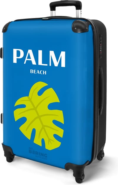 NoBoringSuitcases.com® - Koffer ruimbagage groot - Rolkoffer lichtgewicht - Blauw met groene 'Palm beach' - Reiskoffer op 4 wielen - Vakantie bagagekoffer - Grote valies trolley XL - 20 kg bagage