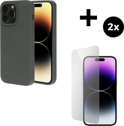 Mobiparts Silicone Cover hoesje geschikt voor Apple iPhone 14 Pro met 2 Screenprotectors van Gehard Glas - Grijs