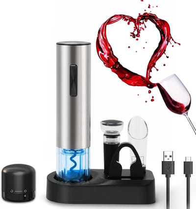 SnelShoppen - 7-in-1 Elektrische Wijnopener Set - RVS, Inclusief Foil Cutter, Giettuit, Vacuümpomp, Fles Slot, USB Oplader - Perfect voor Feest, Diner