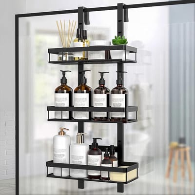 Aura® Doucherek aan Douchewand - Hangend Badkamerrek – Deurrek Met Mandjes – Zwart - ‎10cm x 26cm x 64cm