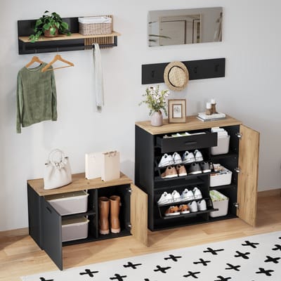 DESMIU Halmeubel Set - Vijfdelige Garderobe Met Schoenopberging En Spiegel - Voor Entree En Hal - Spaanplaat - 85x36x85 Cm En 80x36x48 Cm - Naturel