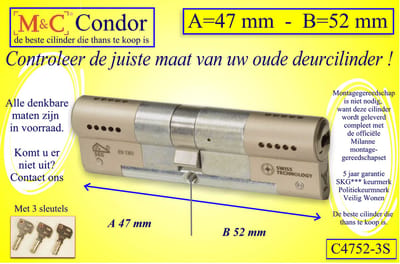 M&C Condor - High Security deurcilinder - SKG*** - 47x52 mm - Politiekeurmerk Veilig Wonen  -  inclusief gereedschap montageset