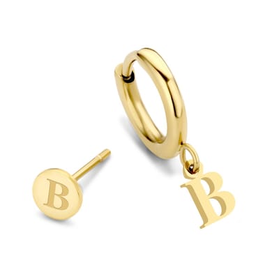 CO88 Collection Alphabet 8CE-70358 Stalen oorknop en oorring - letter B - 6 mm and 12mm - Initiaal sieraad - Goudkleurig