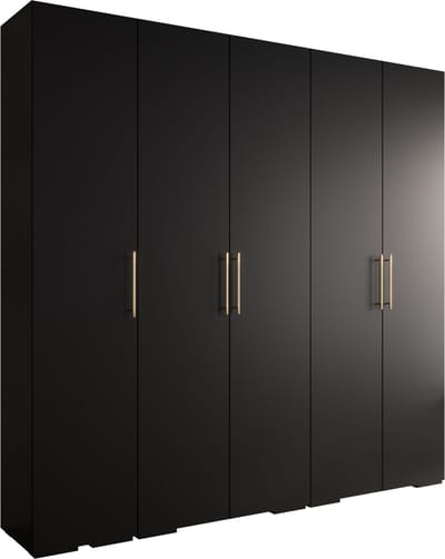 Opbergkast Kledingkast met 5 draaideuren Garderobekast slaapkamerkast Kledingstang met planken | Gouden Handgrepen, elegante kledingkast, glamoureuze stijl (LxHxP): 250x237x47 cm - IVONA 3 (Zwart, 250 cm)