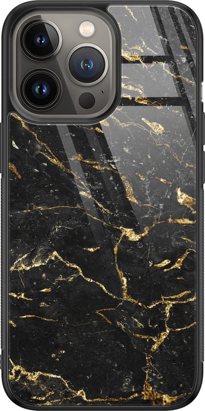 Hoesje geschikt voor iPhone 13 Pro - Marmer zwart goud - Luxe Glazen Hardcase - Marmer - Zwart, Goud - Leuke Telefoonhoesjes