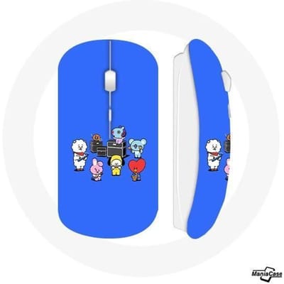 Draadloze muis BTS BT21 Tata Chimmy Cooky Rj Koya Shooky en Mang Speel muziek blauwe achtergrond