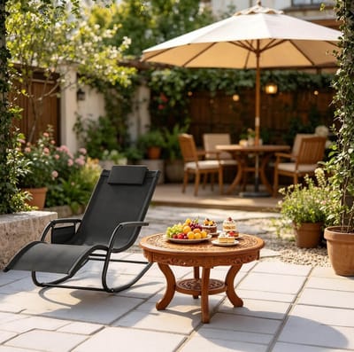 MIVRAY Schommelstoel 152 x 83 x 62 cm - Ergonomische Ligstoel Met Zijvak En Hoofdkussen - Voor Tuin Terras En Balkon - Metaal Zwart
