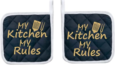 Eizook Pannenlappen 2 Stuks Navy Bedrukt - MY KITCHEN MY RULES - In GOUD- Zacht Katoen met Polyester Pannenonderzetter Hittebestendige Pannenlap tot 250°C