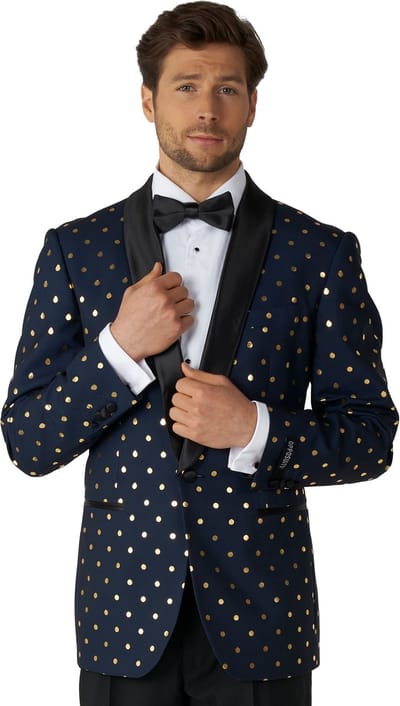 OppoSuits Goldy Dots - Heren Tuxedo Smoking met Vlinderdas - Chique -Donkerblauw- Maat EU 46