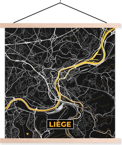 Posterhanger incl. Poster 40x40 cm - Schoolplaat - Kaart - Goud - Liège - Stadskaart - Plattegrond - Textielposter - Blanke latten - Stadskaart