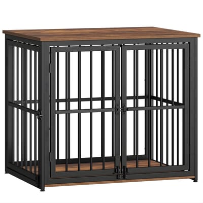 Hondenbench Meubel – Voor Middelgrote Honden – 80 cm Houten Hondenbox met 3 Deuren, Heavy Duty, Bijzettafel – Rustiek Bruin/Zwart