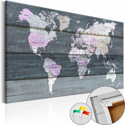 Afbeelding op kurk - De wereld op Planken, Wereldkaart, Grijs, Hout Look op Doek, 1luik