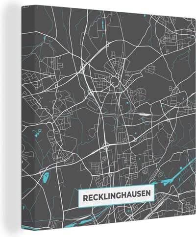 Canvas Schilderij Blauw – Duitsland – Plattegrond – Stadskaart – Kaart – Recklinghausen - 20x20 cm - Wanddecoratie